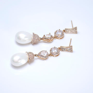 CZ Diamond Mini Pearl Drop Gold Plated Earring, Diamond Earrings, Long Bridal Jewelry, Crystal Bridal Earrings, Statement Earrings Cz